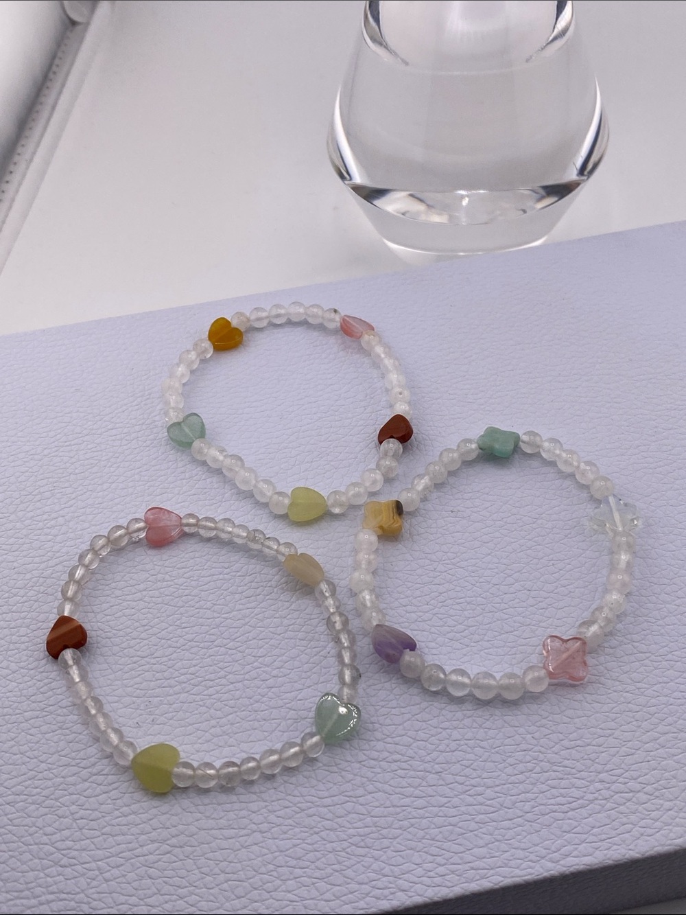 Set of 3 Natural Clear Quartz & Crystal Heart Stretch Bracelets